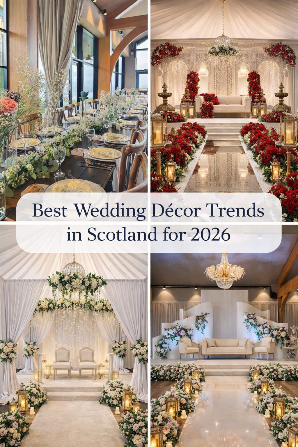 Best wedding décor trends in Scotland for 2026 featuring luxury Nikah, Walima, Baraat stages and elegant table styling by Events By Design