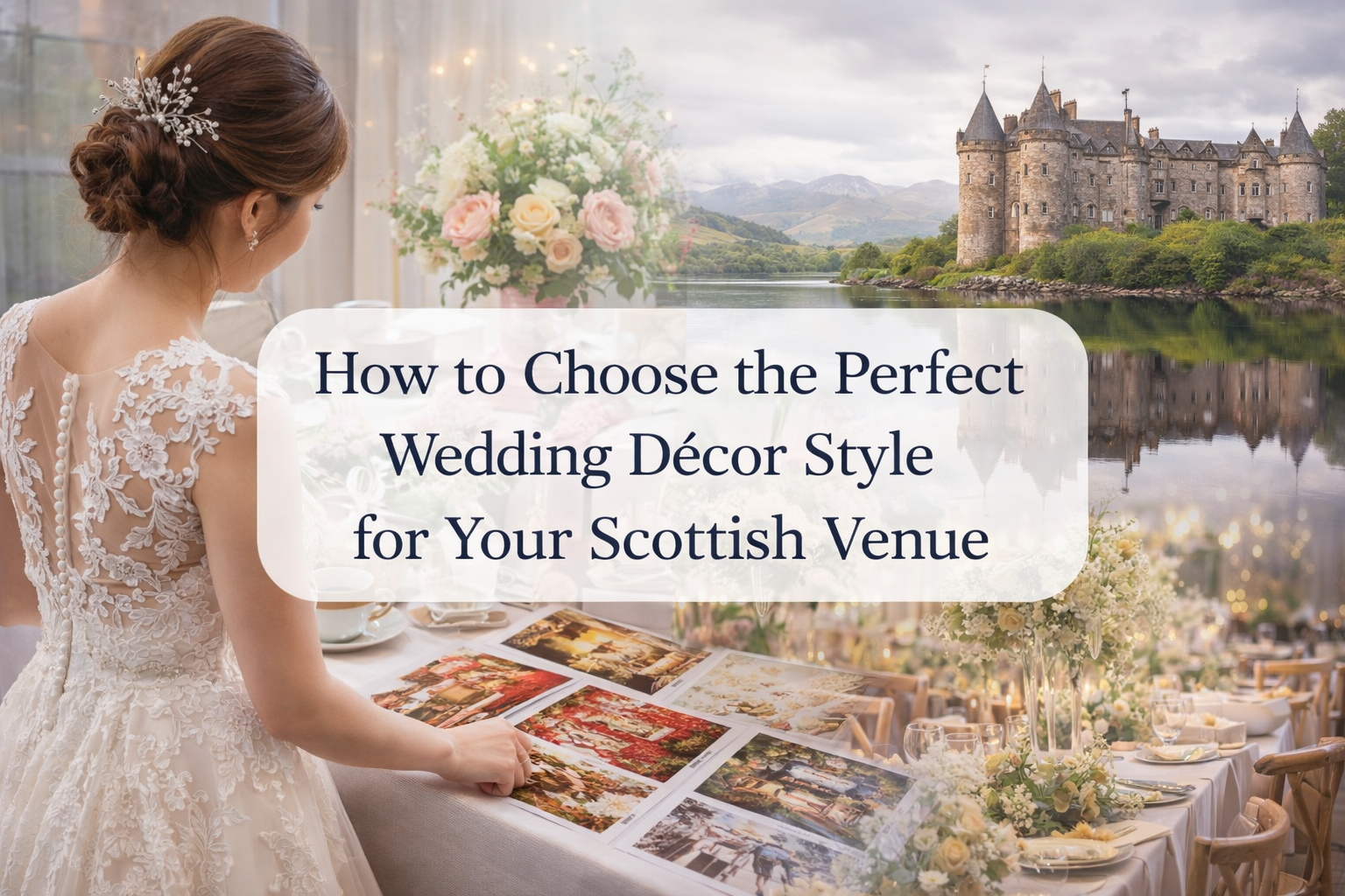 Bride reviewing wedding décor styles with a Scottish castle venue in the background, representing how to choose the perfect wedding décor style for a Scottish venue