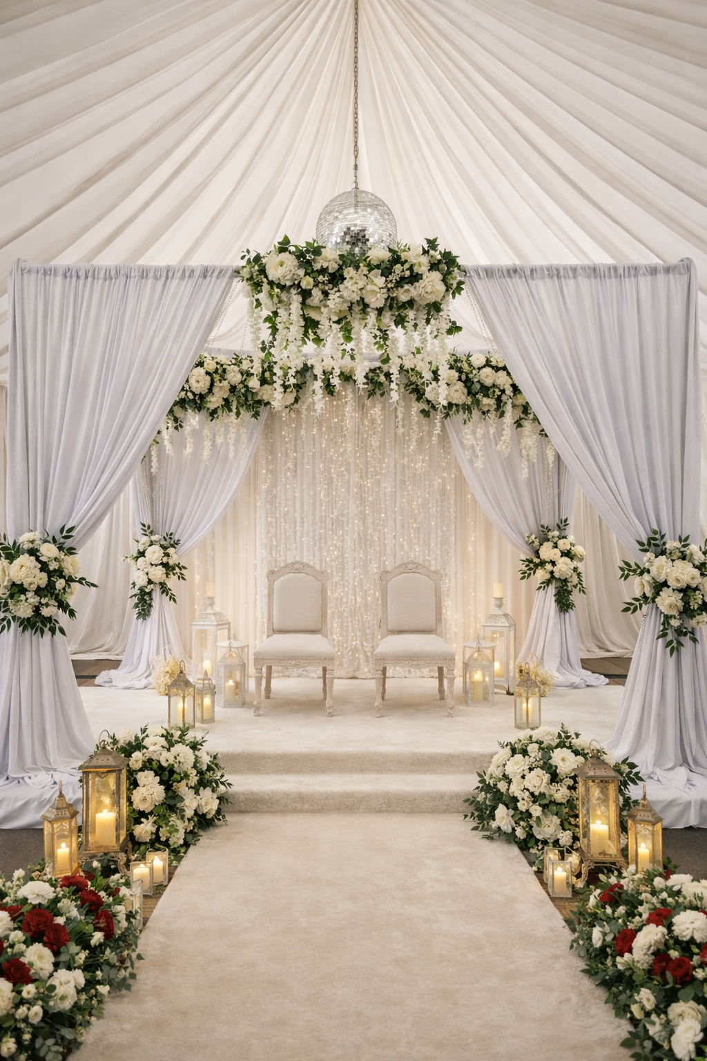 Luxury Nikah stage with white draping, crystal chandelier lighting and soft floral décor, designed by Events By Design in Scotland.