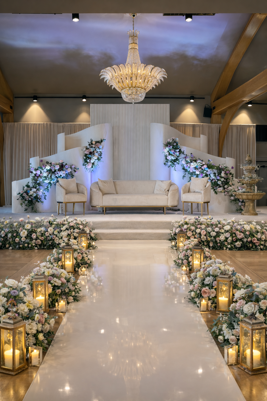 Luxury Walima stage with elegant floral backdrop and illuminated aisle décor in Scotland by Events By Design