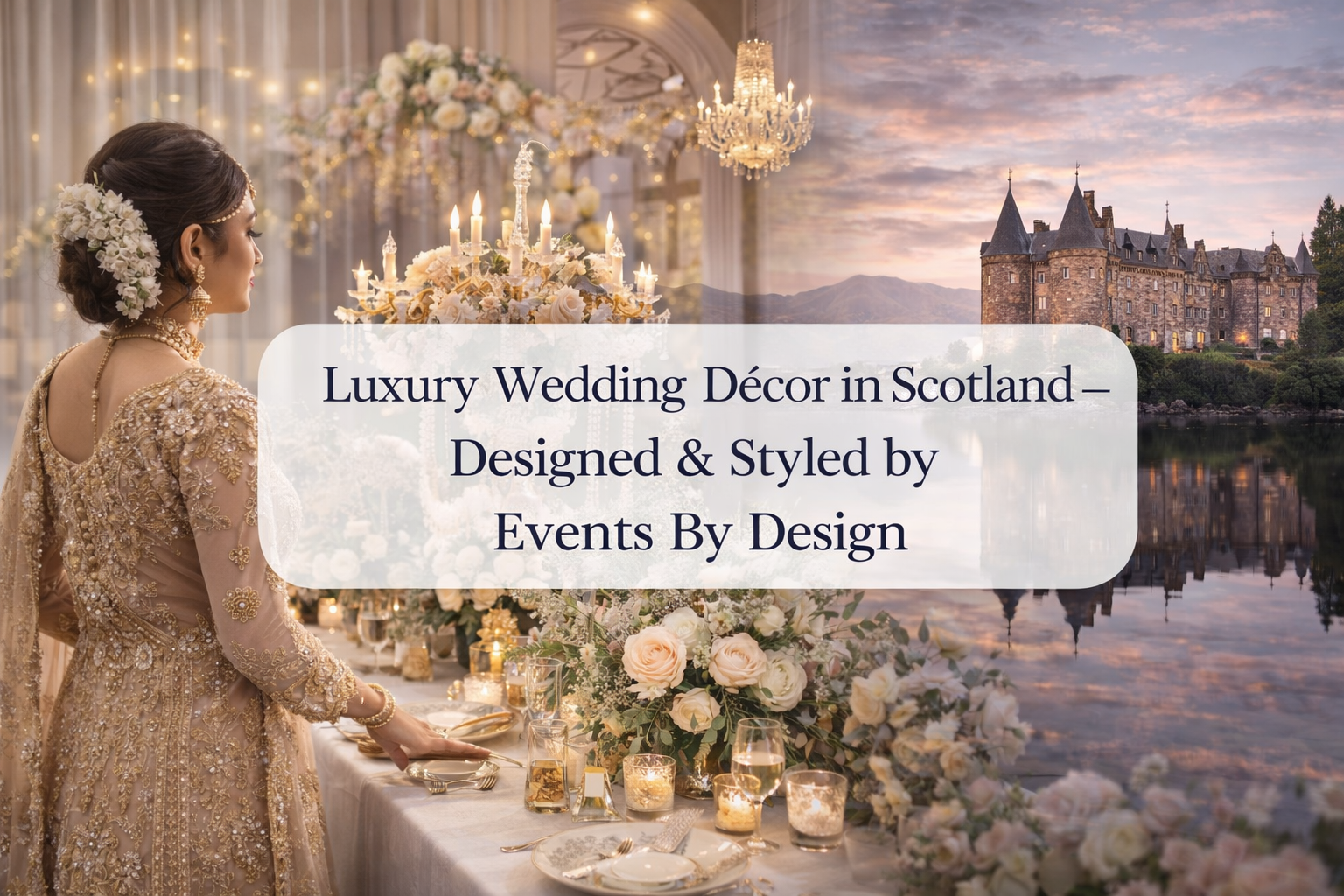 Luxury wedding décor in Scotland featuring elegant table styling, crystal chandeliers and floral arrangements designed by Events By Design