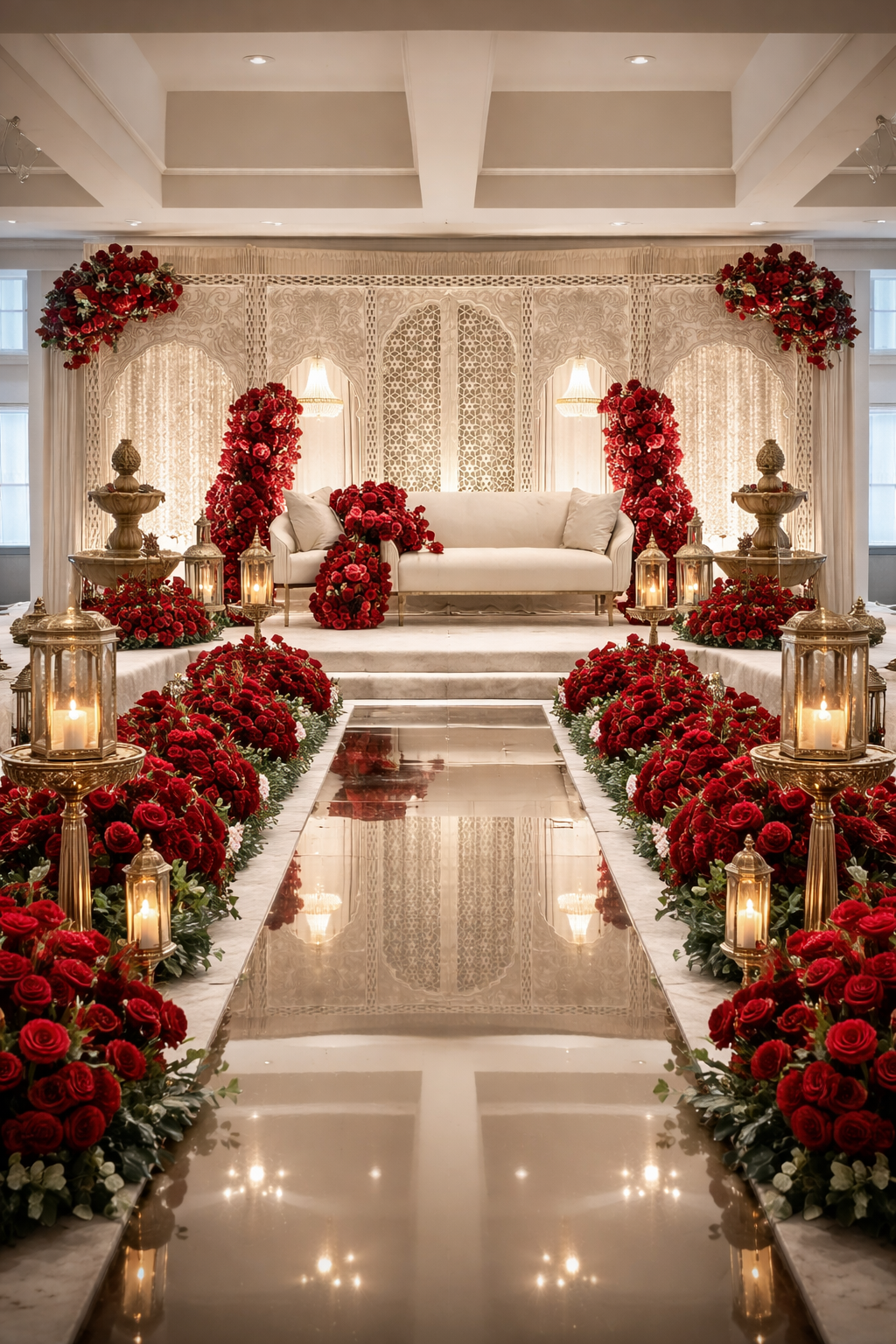 Luxury Baraat décor with a mirrored aisle leading to an ivory and red floral wedding stage, styled by Events By Design in Scotland.