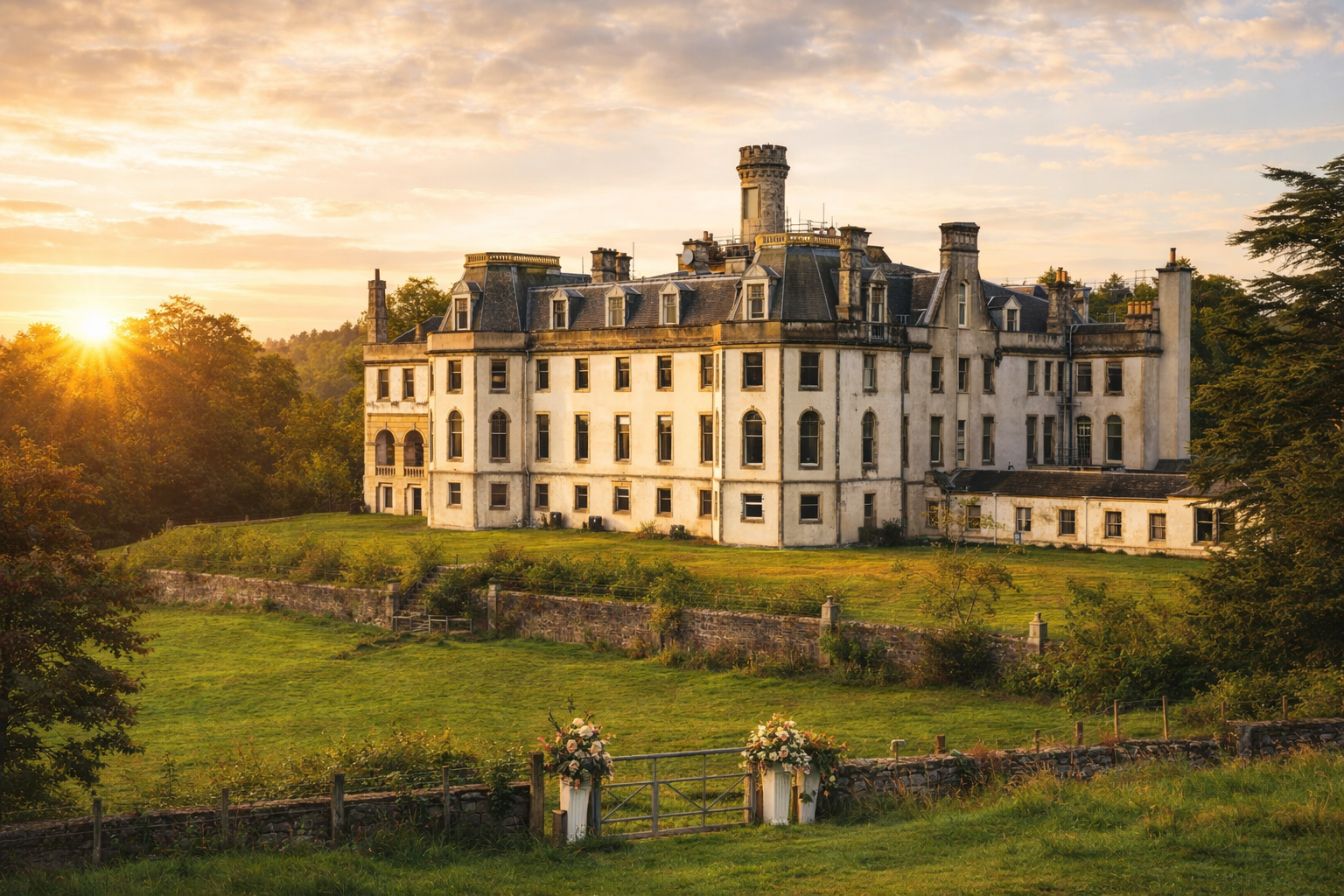 Gartmore House Gartmore House wedding venue in Aberfoyle Scotland at sunset with rolling green countryside
