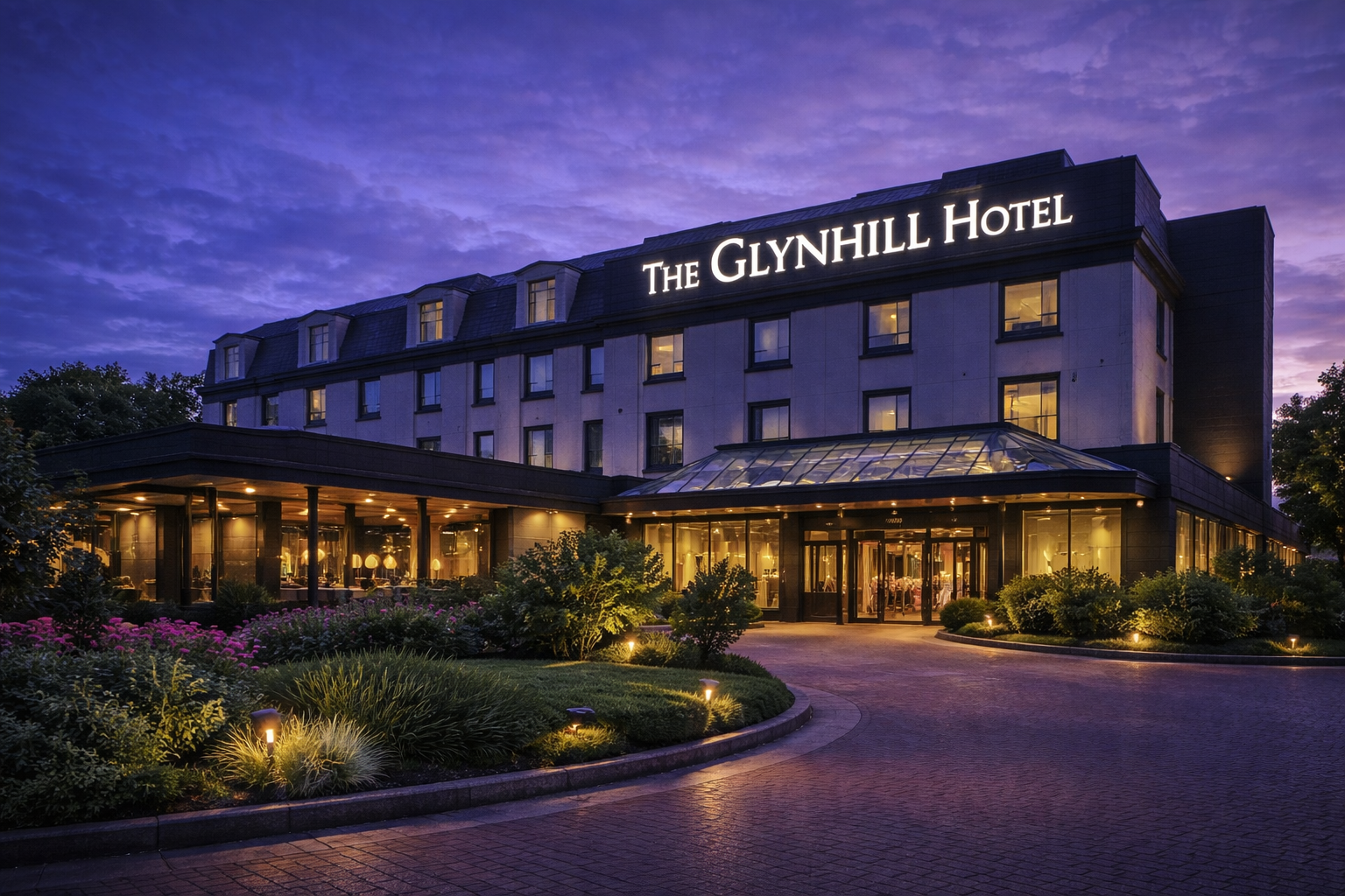 The Glynhill Hotel Glasgow – Wedding & Event Venue Exterior The Glynhill Hotel exterior in Renfrew near Glasgow Scotland at dusk
